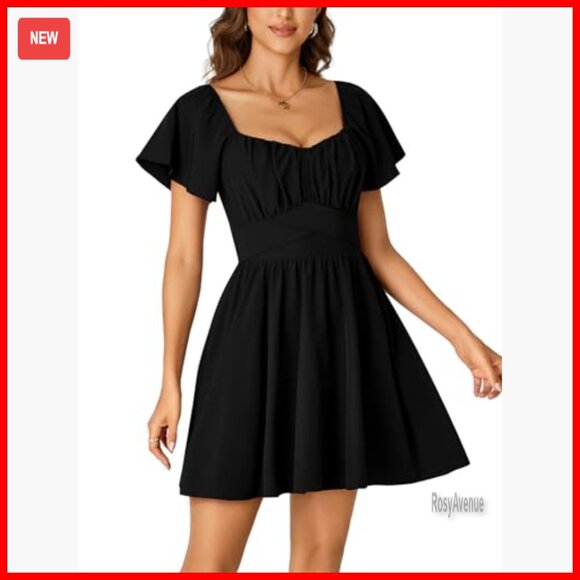 Mini Dress with Tie Back Square Neck Ruffle Hem Short Sleeve Flowy - Picture 4 of 7